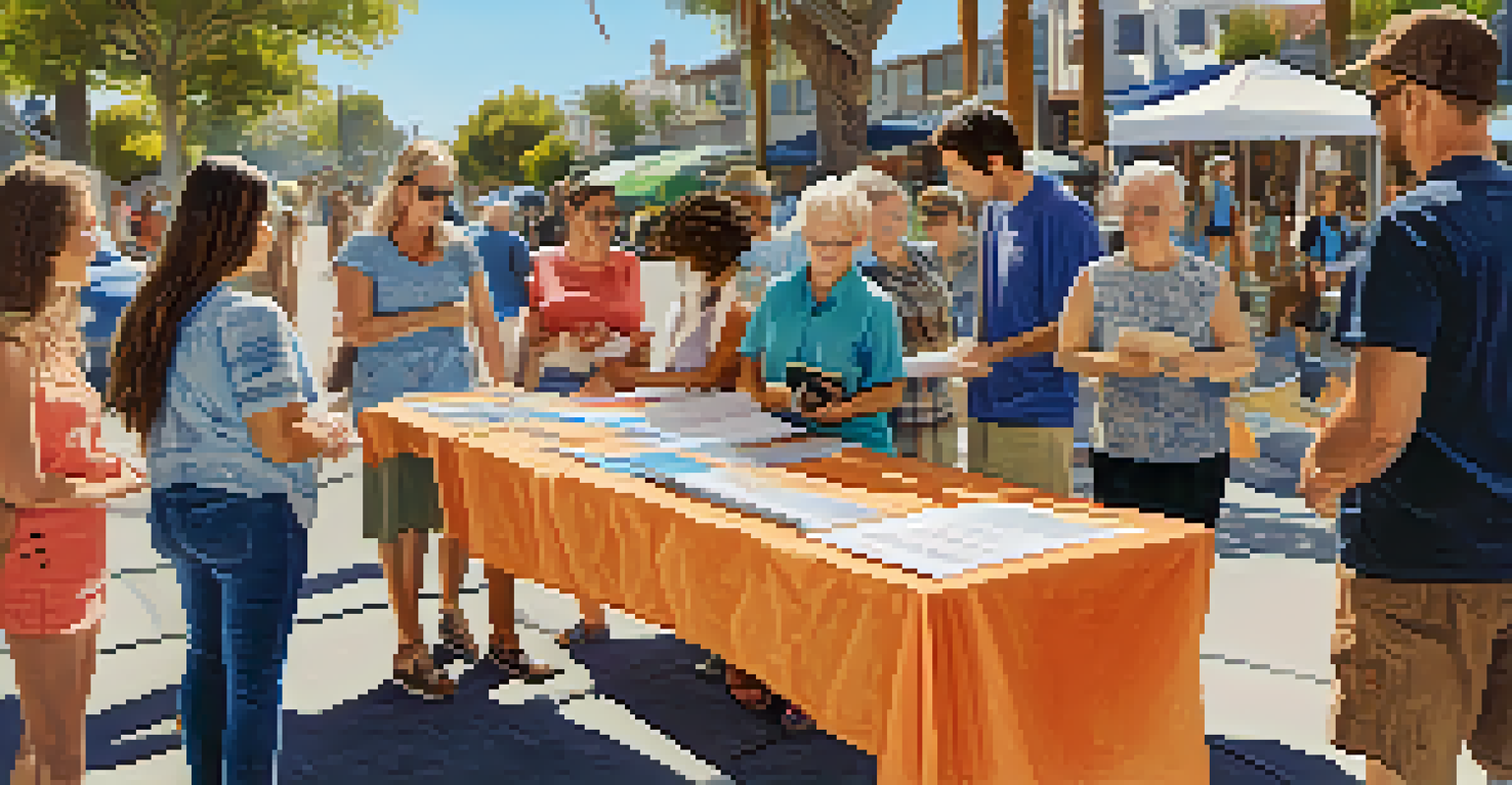Residents signing a petition at a community table with historical photographs and informational flyers in a San Diego neighborhood.