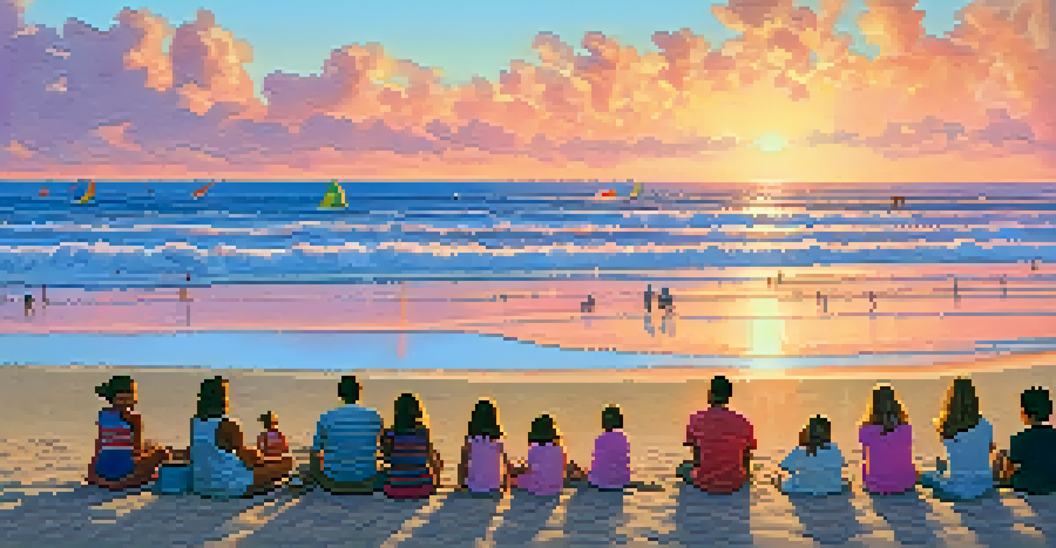 Families enjoying a sunset at Mission Beach, with children playing and a colorful sky.
