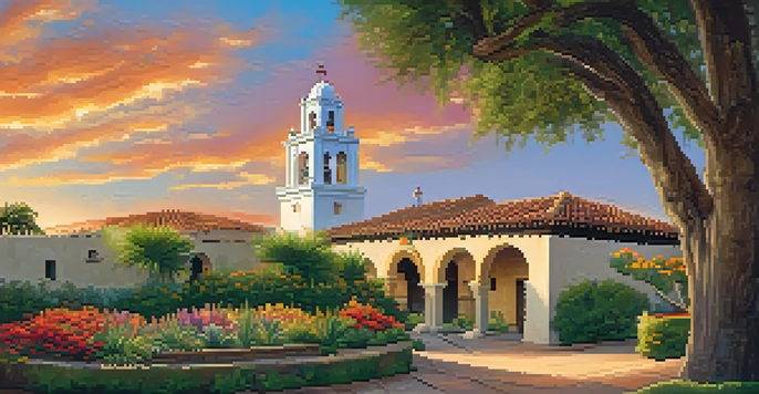 A wide view of Mission San Diego de Alcalá with a sunset background, featuring its bell tower and colorful gardens.