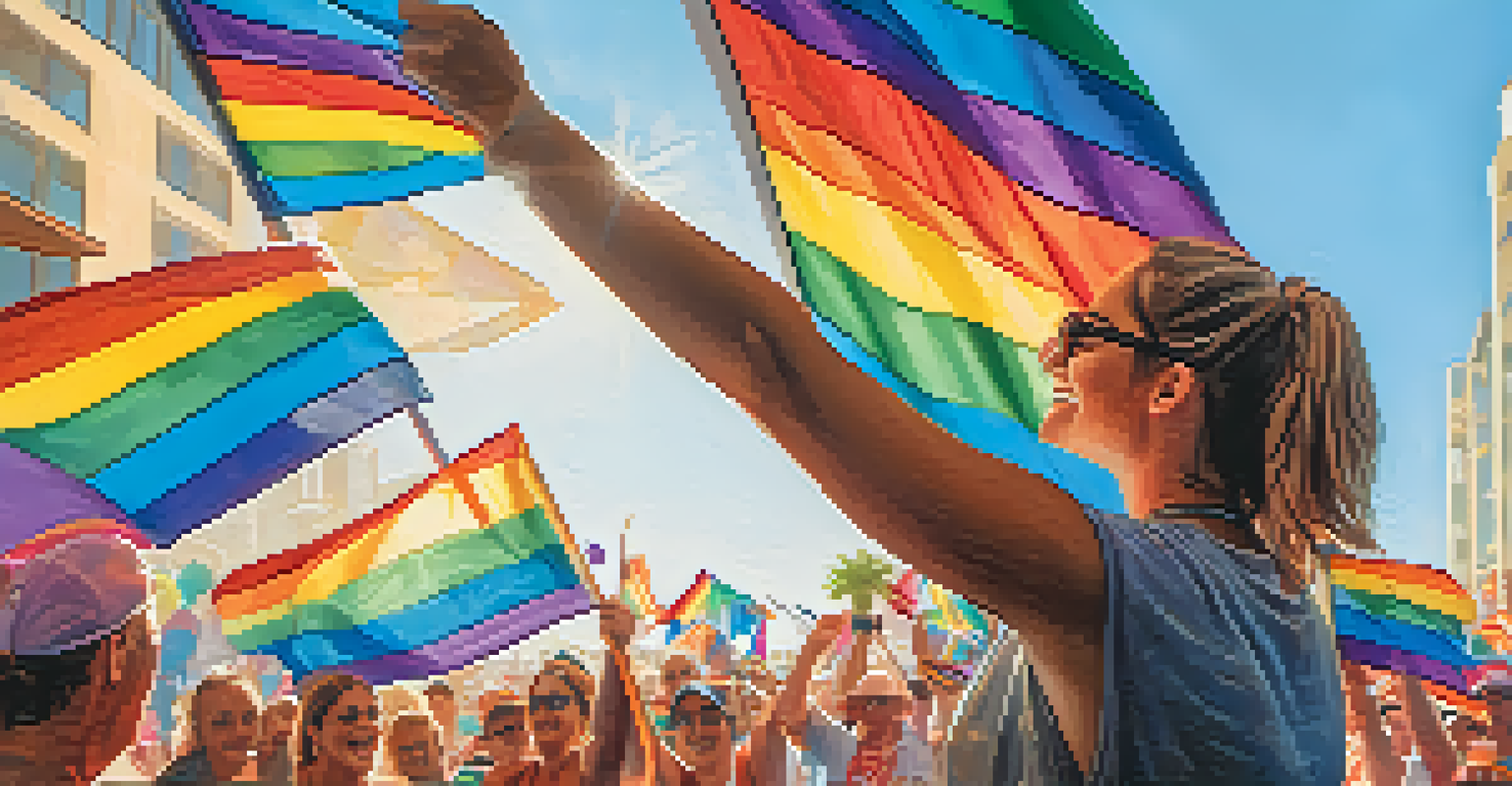 Close-up of a person joyfully waving a rainbow flag at the San Diego Pride event, with colorful decorations in the background.