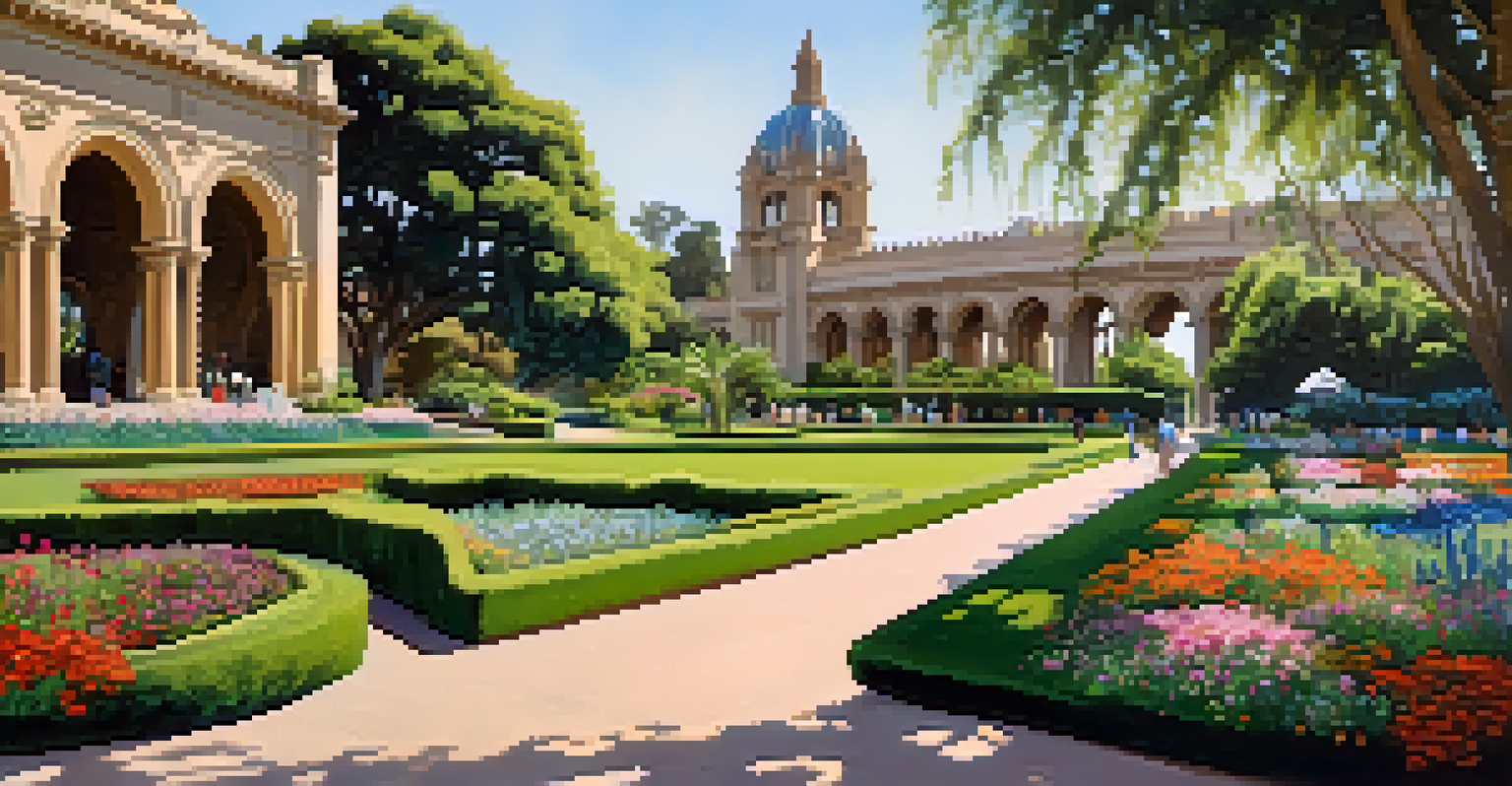 Lush gardens and stunning architecture in Balboa Park, with visitors walking along pathways under a clear blue sky.