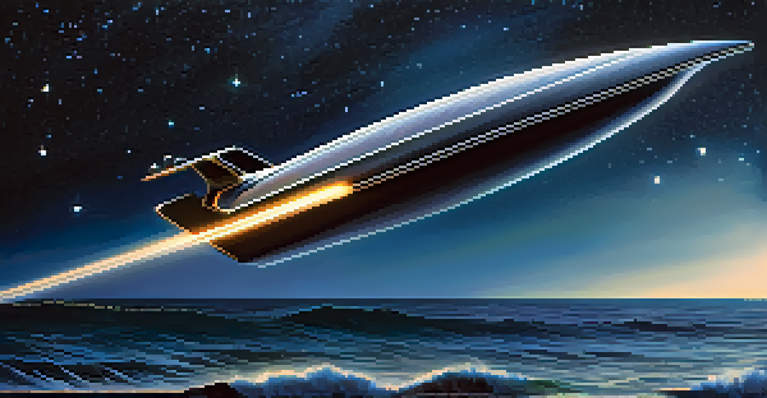 A futuristic spacecraft flying through a starry night sky over the ocean, with glowing trails and reflecting waves.