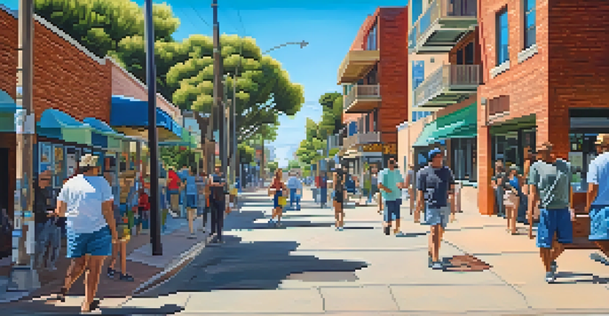 A bustling street in North Park featuring colorful murals, locals walking, and lush trees under a blue sky.
