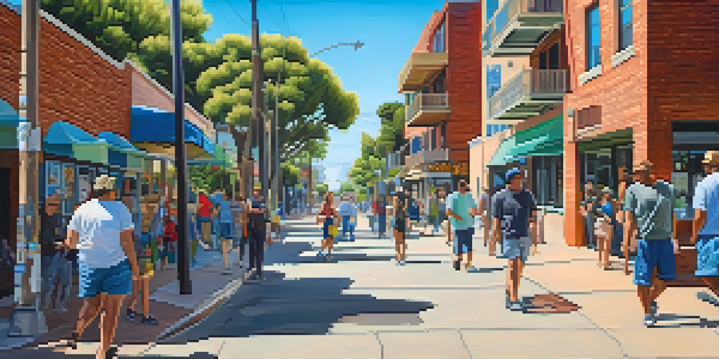 A bustling street in North Park featuring colorful murals, locals walking, and lush trees under a blue sky.