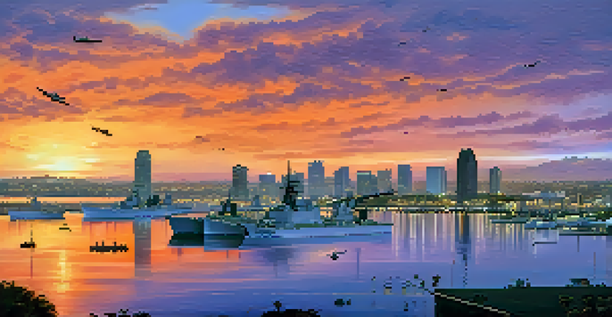 A sunset view of San Diego's skyline with military bases and vessels in the foreground, showcasing a vibrant sky and calm waters.