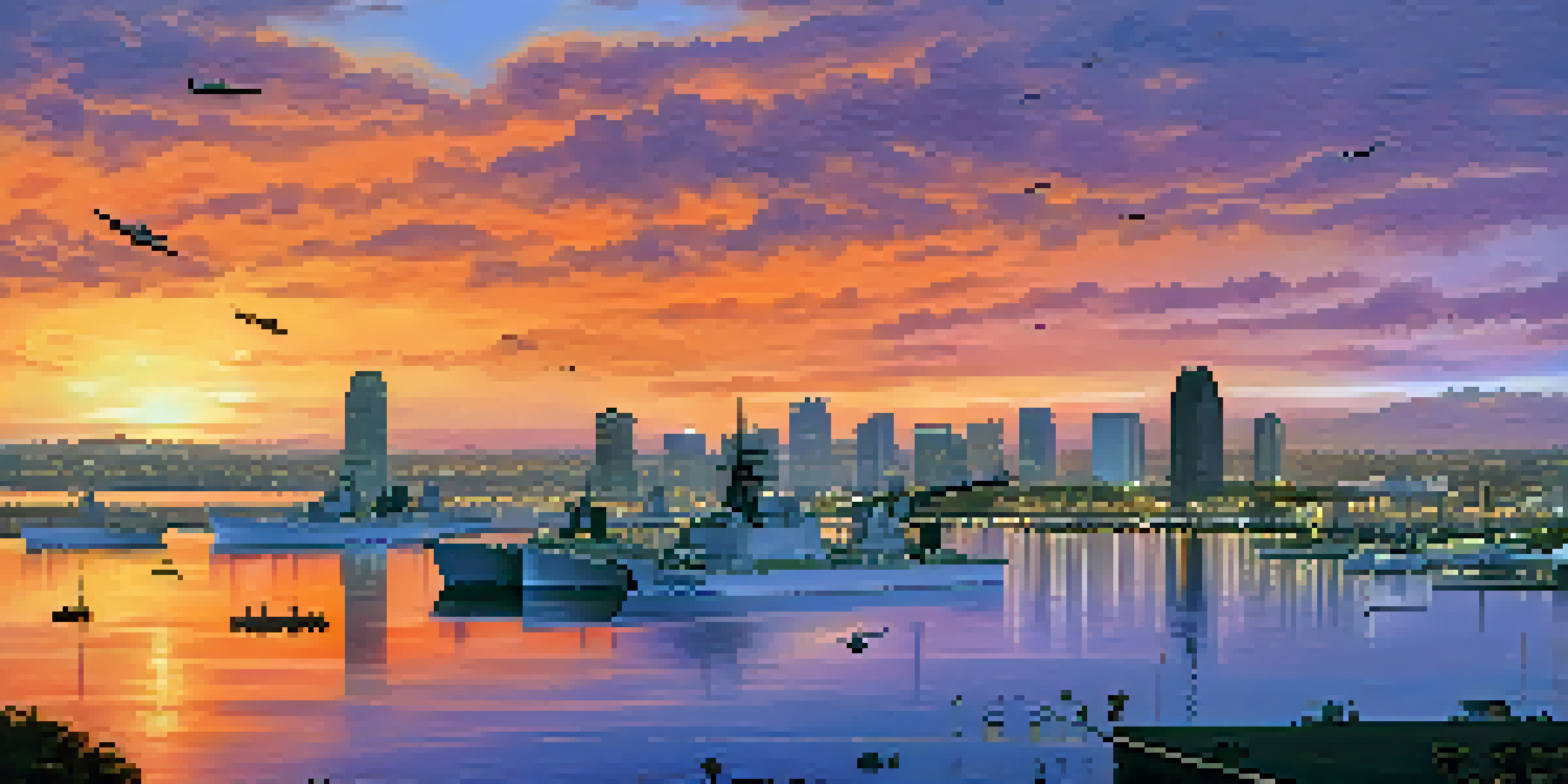A sunset view of San Diego's skyline with military bases and vessels in the foreground, showcasing a vibrant sky and calm waters.