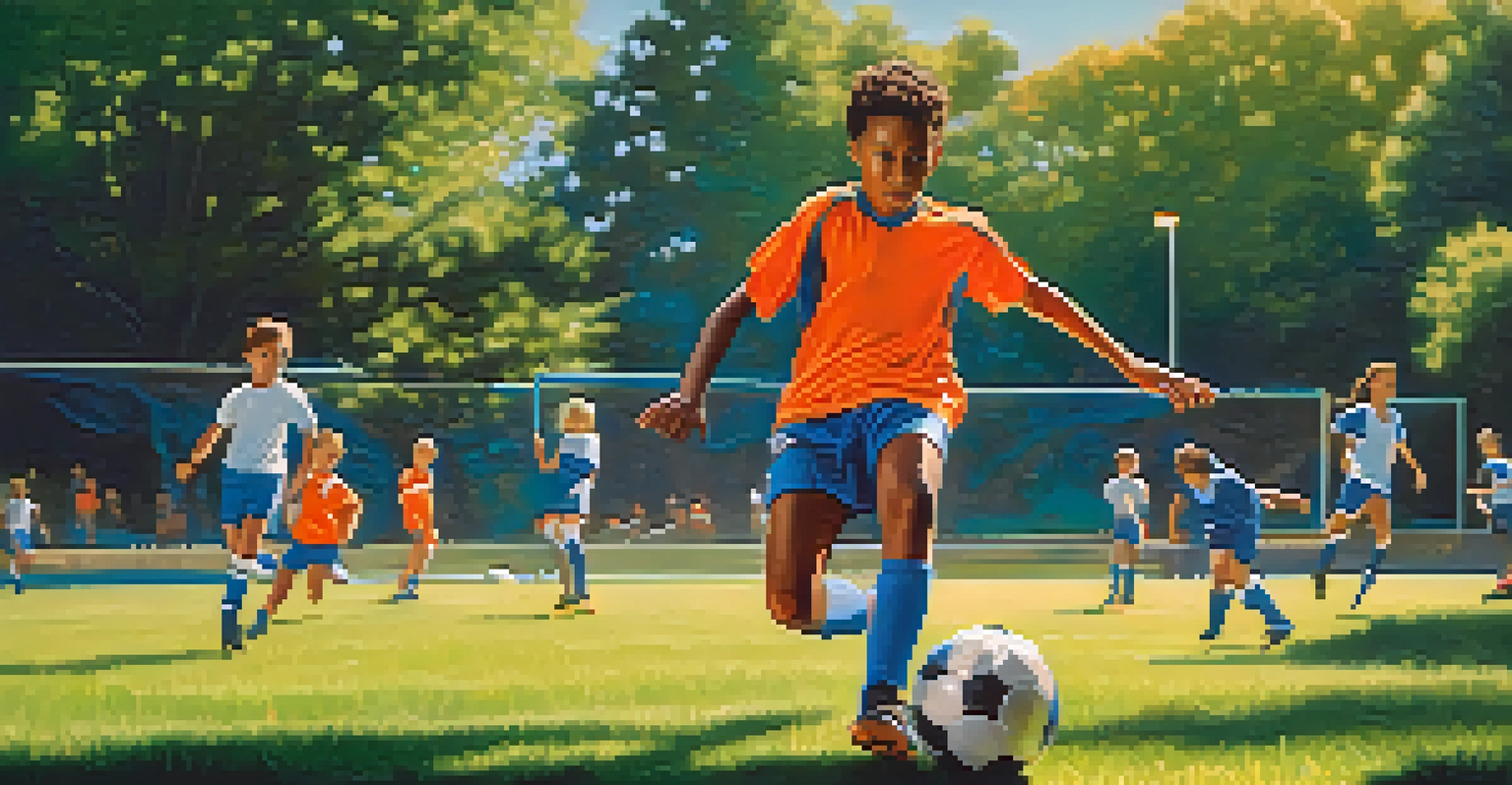 A young athlete practicing soccer in a park, focused on kicking a ball.