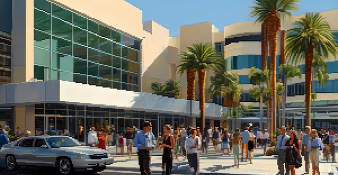 A busy street in San Diego with a modern biotech facility where researchers are discussing clinical trial data, palm trees, and diverse pedestrians.