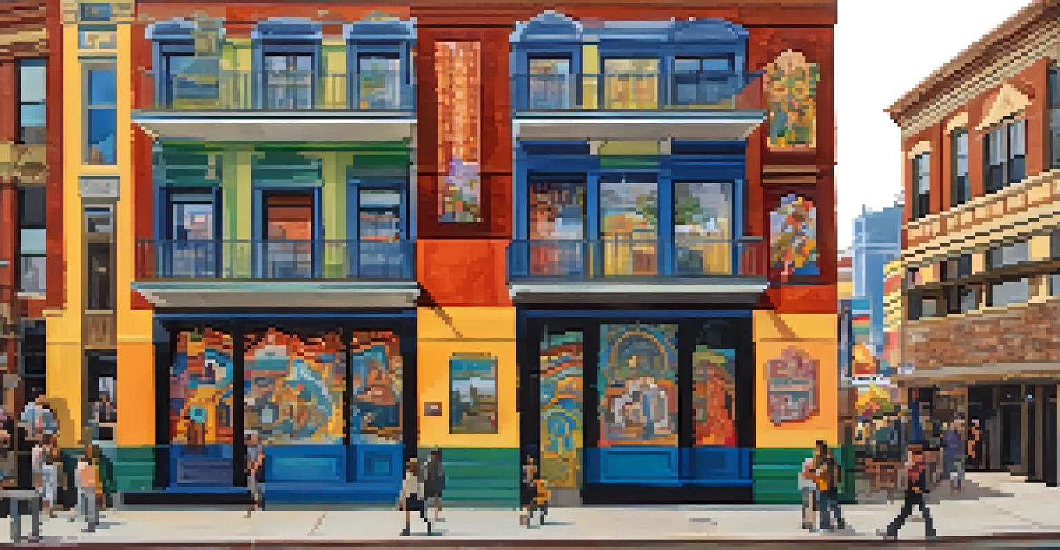 A colorful mural on a building in the Gaslamp Quarter with pedestrians admiring it.