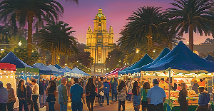 A bustling festival scene in Balboa Park with colorful lights, diverse food stalls, and performers, capturing the essence of cultural celebration.