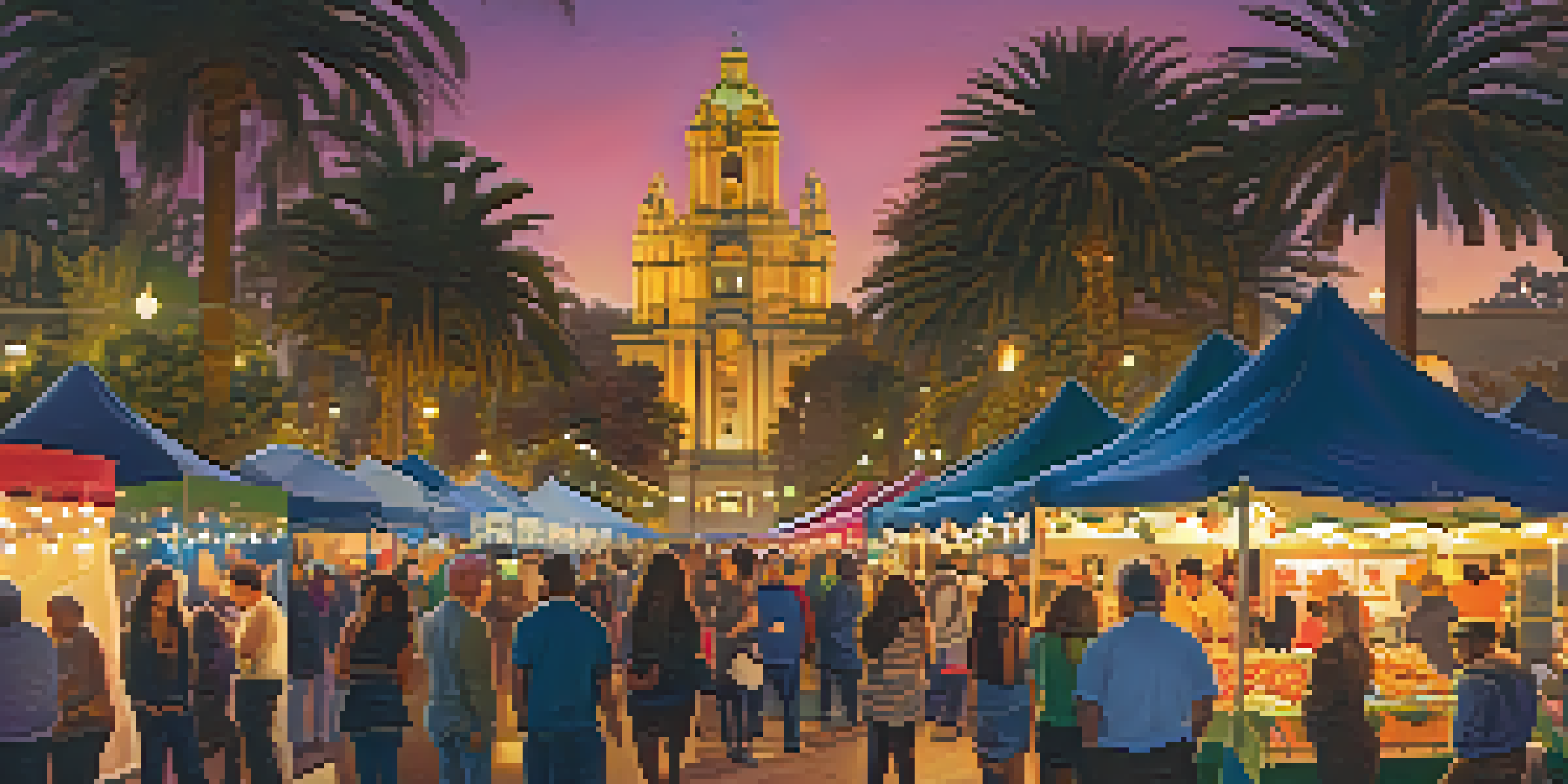 A bustling festival scene in Balboa Park with colorful lights, diverse food stalls, and performers, capturing the essence of cultural celebration.