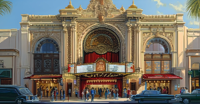 A view of the Balboa Theatre's ornate facade with people entering, illuminated by warm sunlight.