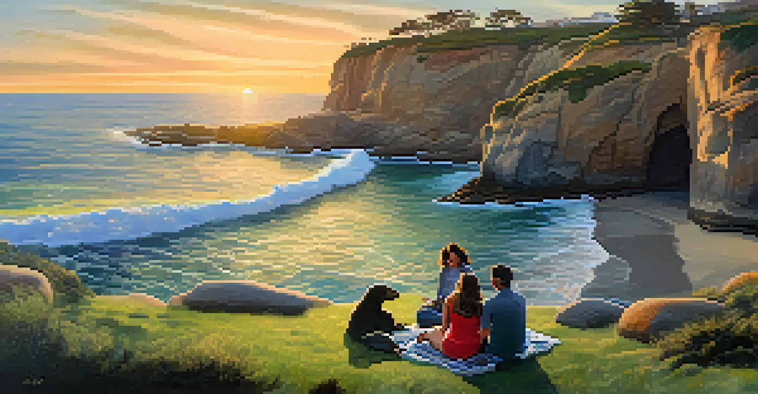 A couple having a picnic at La Jolla Cove during sunset, with cliffs and sea lions in the background.