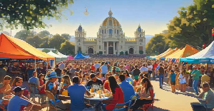 A lively folk music festival in Balboa Park with diverse attendees enjoying performances, food vendors, and colorful decorations.