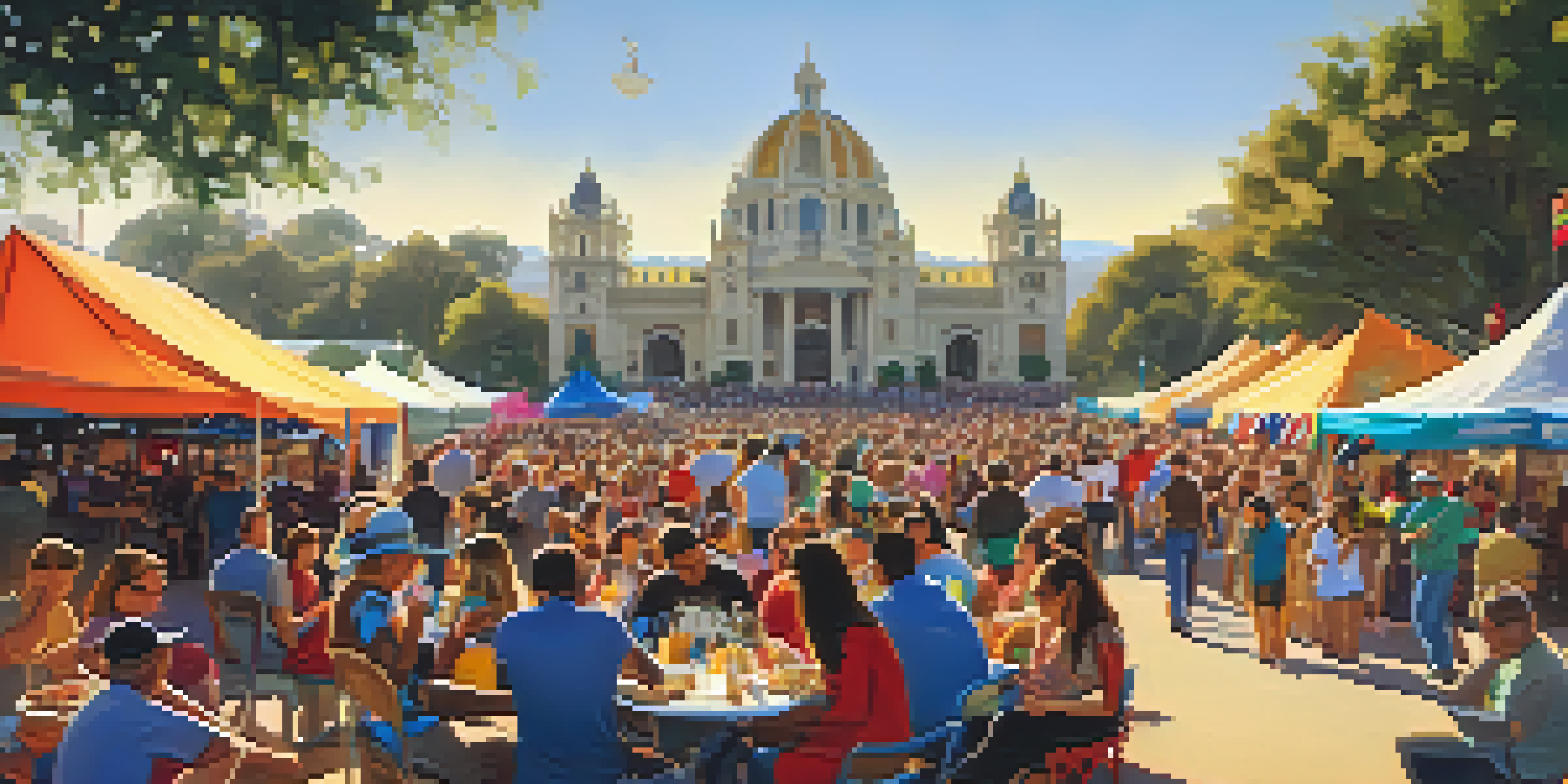 A lively folk music festival in Balboa Park with diverse attendees enjoying performances, food vendors, and colorful decorations.