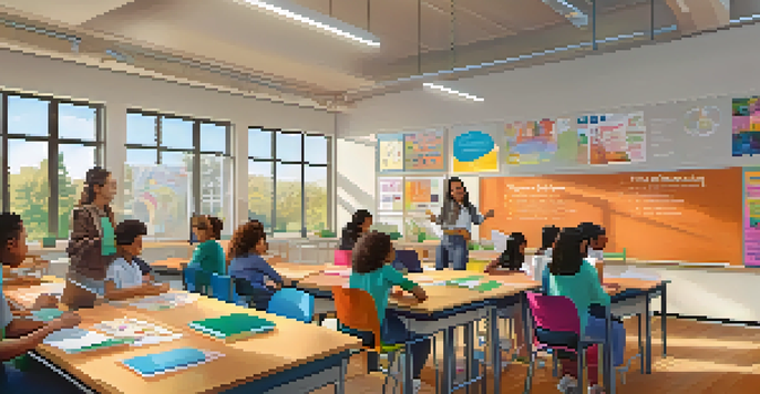 A classroom with a teacher engaging with students in-person and on a screen, highlighting hybrid learning.