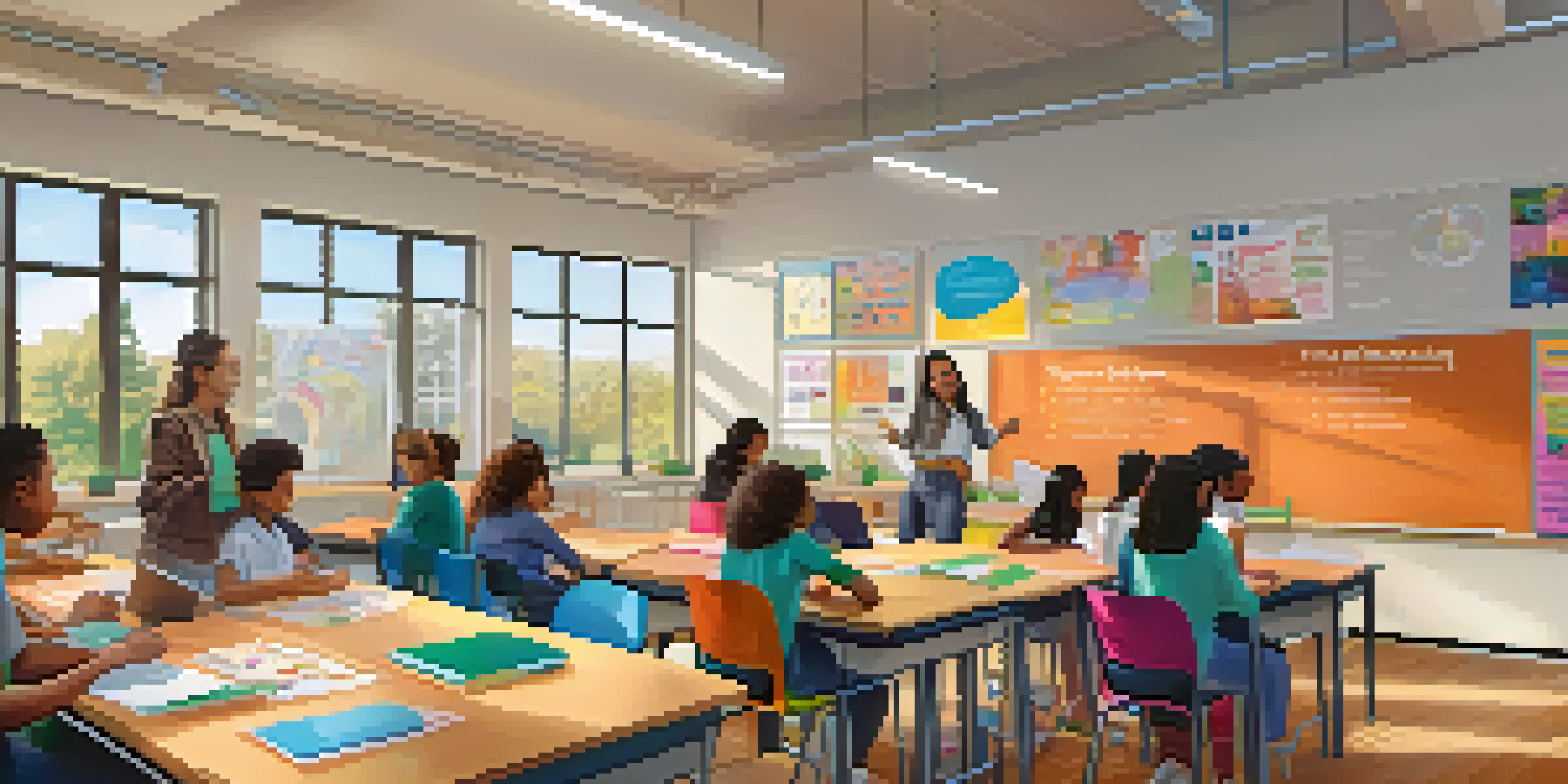 A classroom with a teacher engaging with students in-person and on a screen, highlighting hybrid learning.