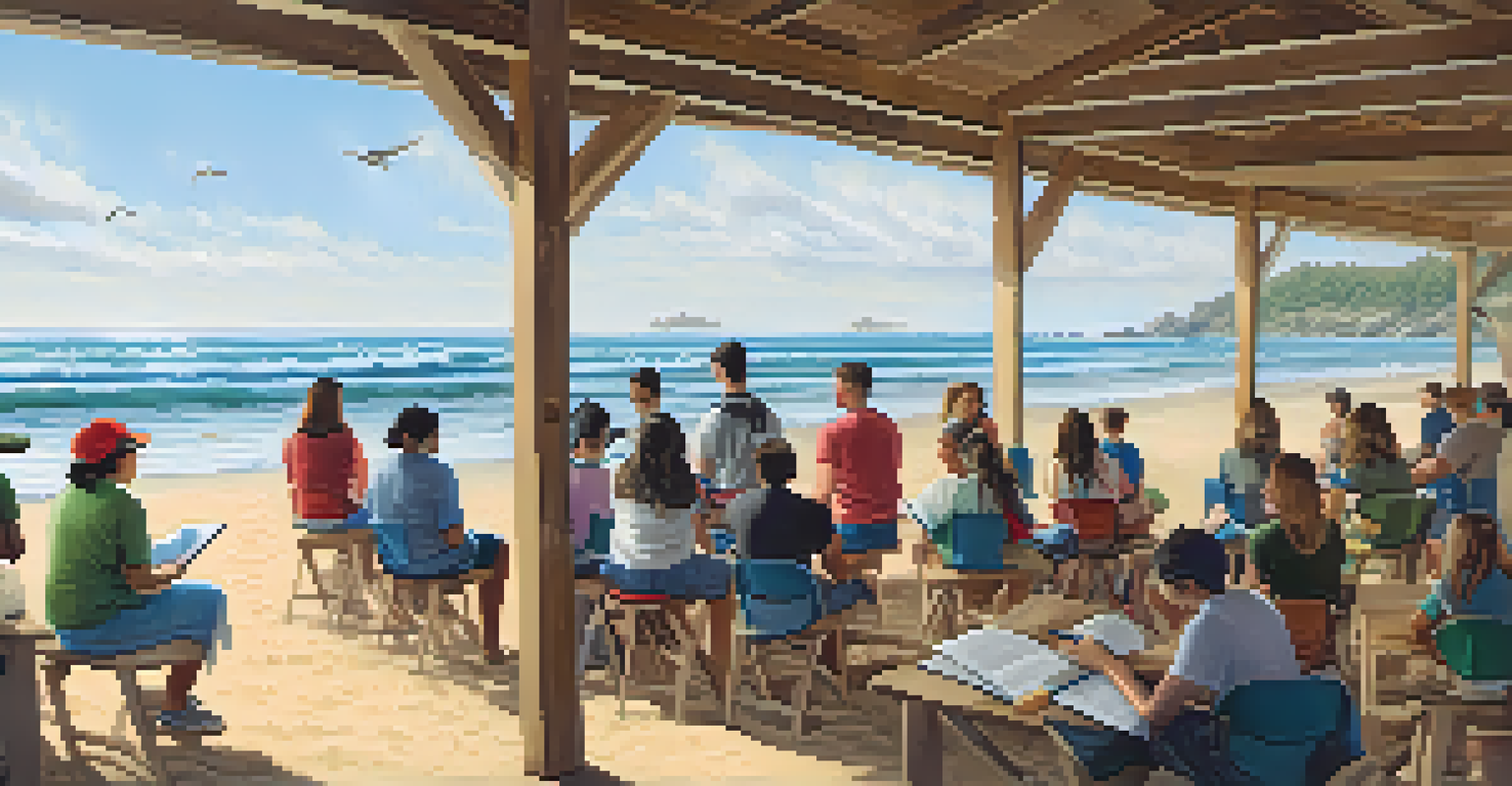 A workshop on the beach with residents learning about coastal ecosystems from a marine biologist.