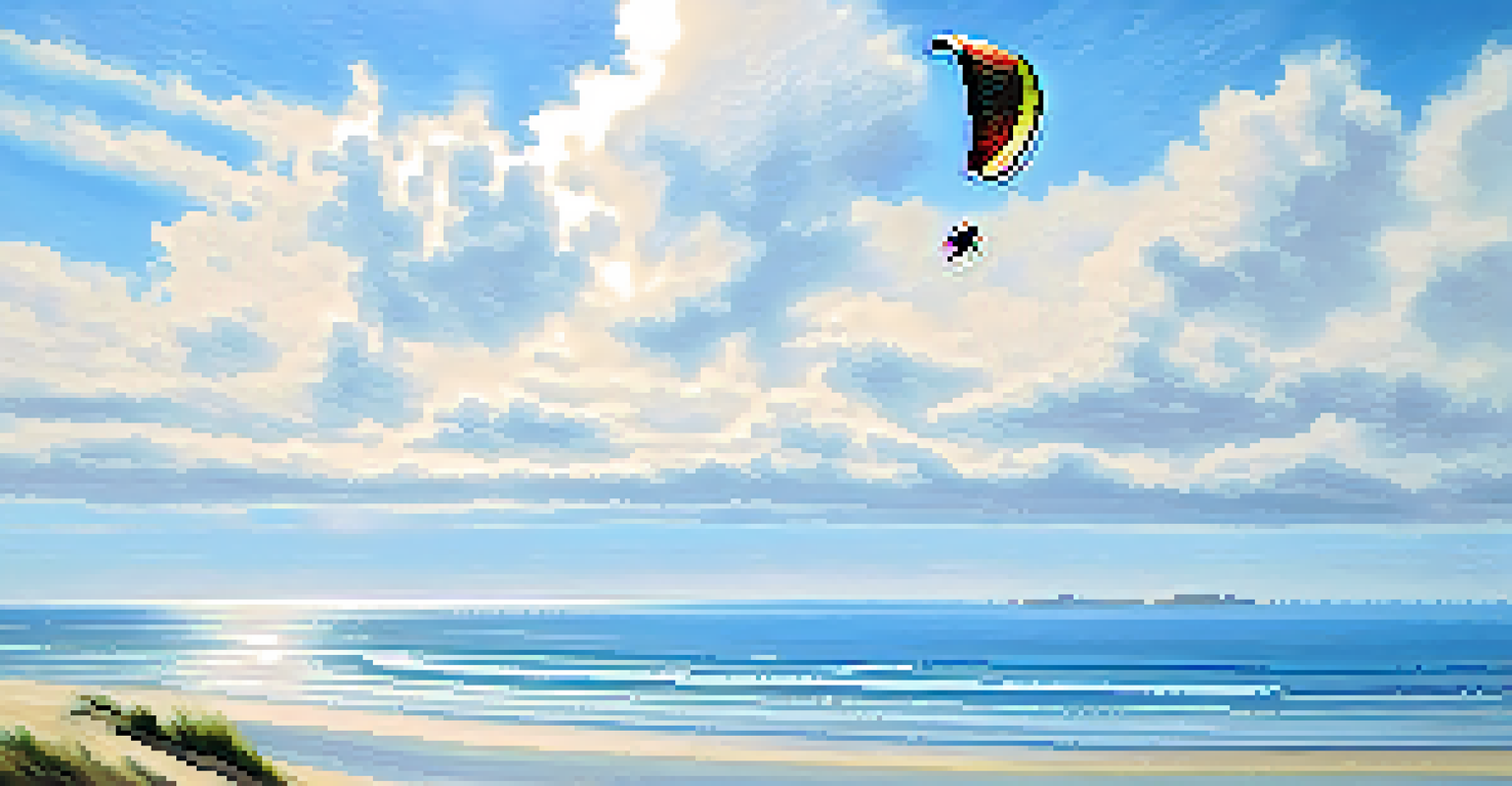 A peaceful scene of a paraglider soaring above Del Mar beaches, with clear blue skies and ocean waves below.