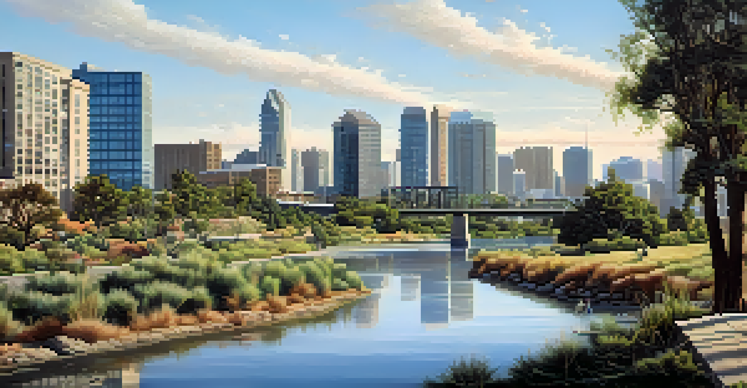 A contrast between the urban environment and the natural habitat of the San Diego River, showcasing buildings alongside greenery.