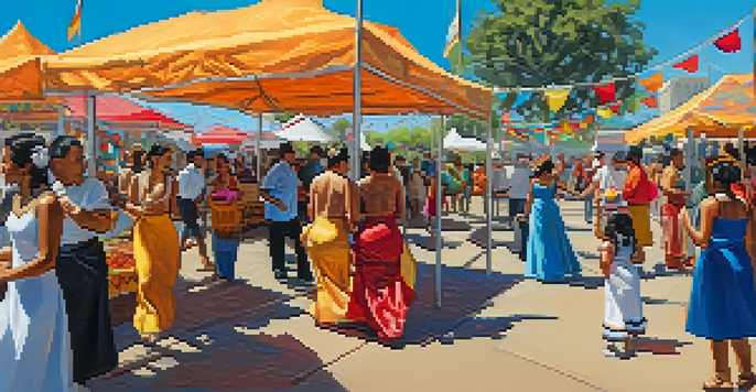 A lively festival scene with dancers in traditional attire, colorful decorations, and families enjoying the day, with food vendors in the background.