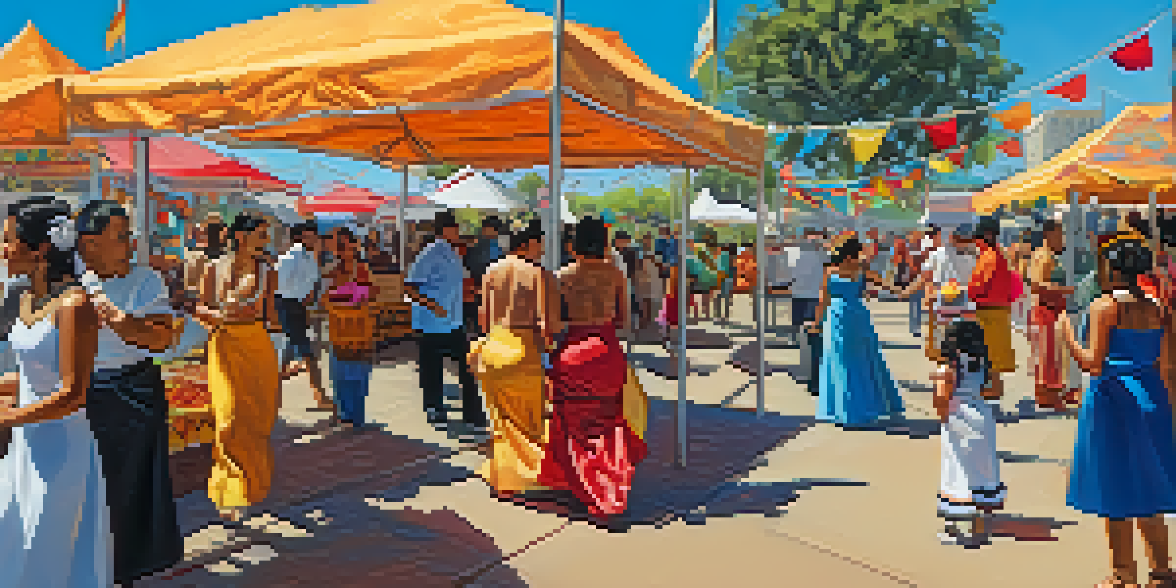 A lively festival scene with dancers in traditional attire, colorful decorations, and families enjoying the day, with food vendors in the background.