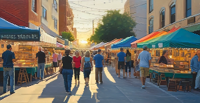 A lively street scene with people enjoying an art walk, surrounded by colorful art stalls and warm lighting.