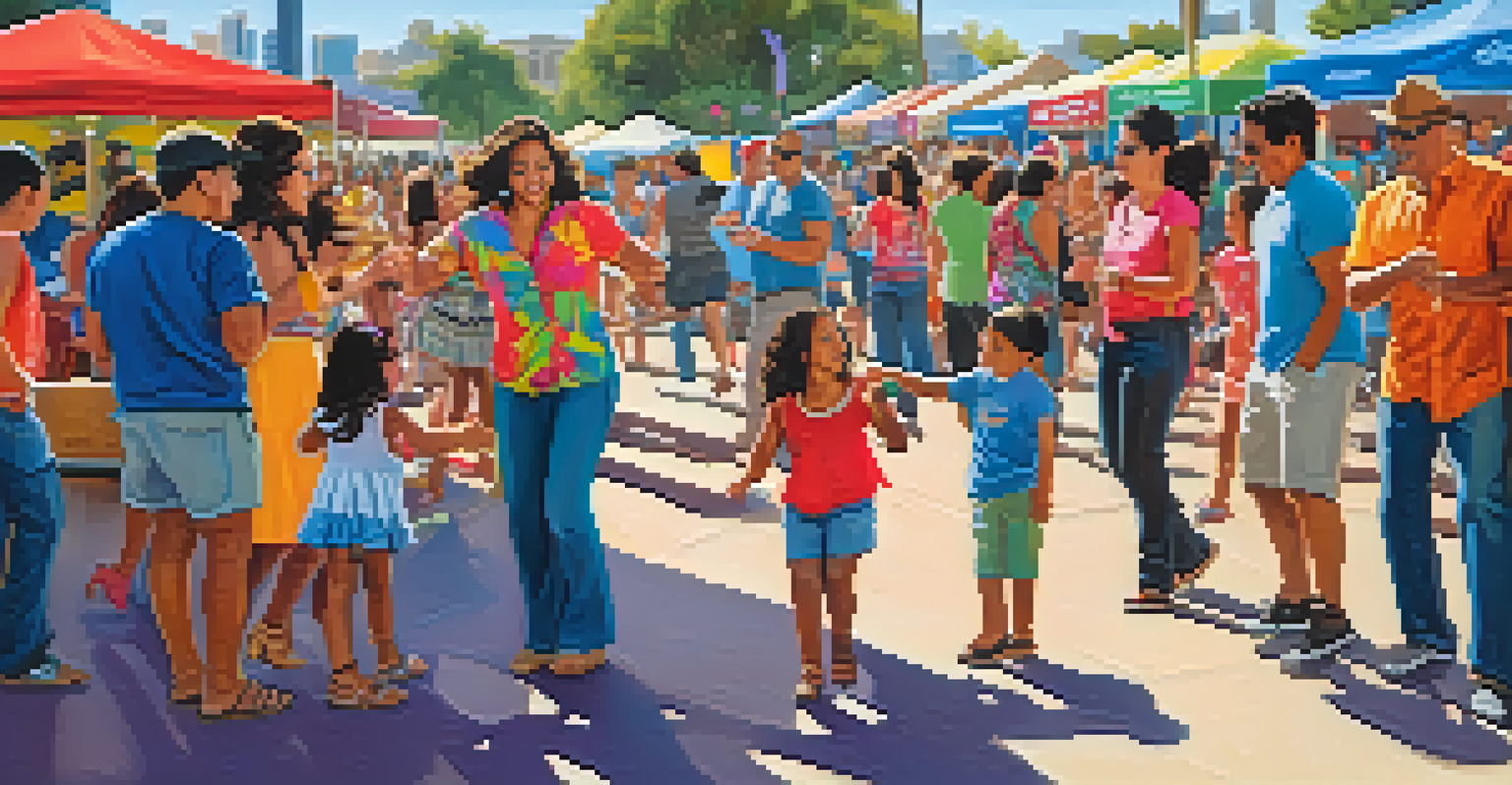A family at a festival, with parents dancing with their children in front of a live music stage, surrounded by colorful crafts and activities.