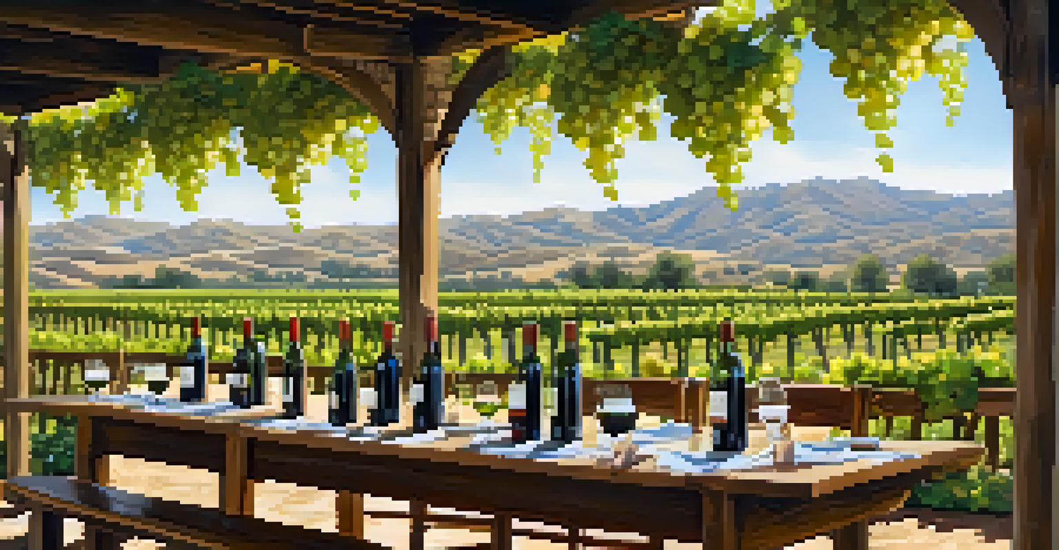 A picturesque vineyard with rows of grapevines, a rustic table set for wine tasting, and colorful hot air balloons in the sky above.