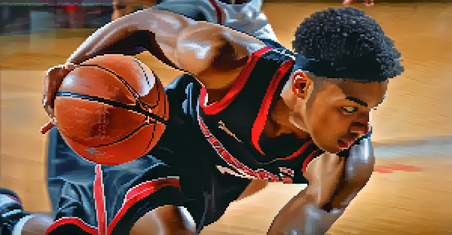 A focused student-athlete from San Diego State University playing basketball, captured in motion with bright arena lights in the background.