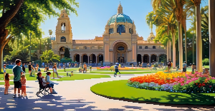 A family-friendly atmosphere at Balboa Park with children playing in gardens and adults relaxing near the Botanical Building.