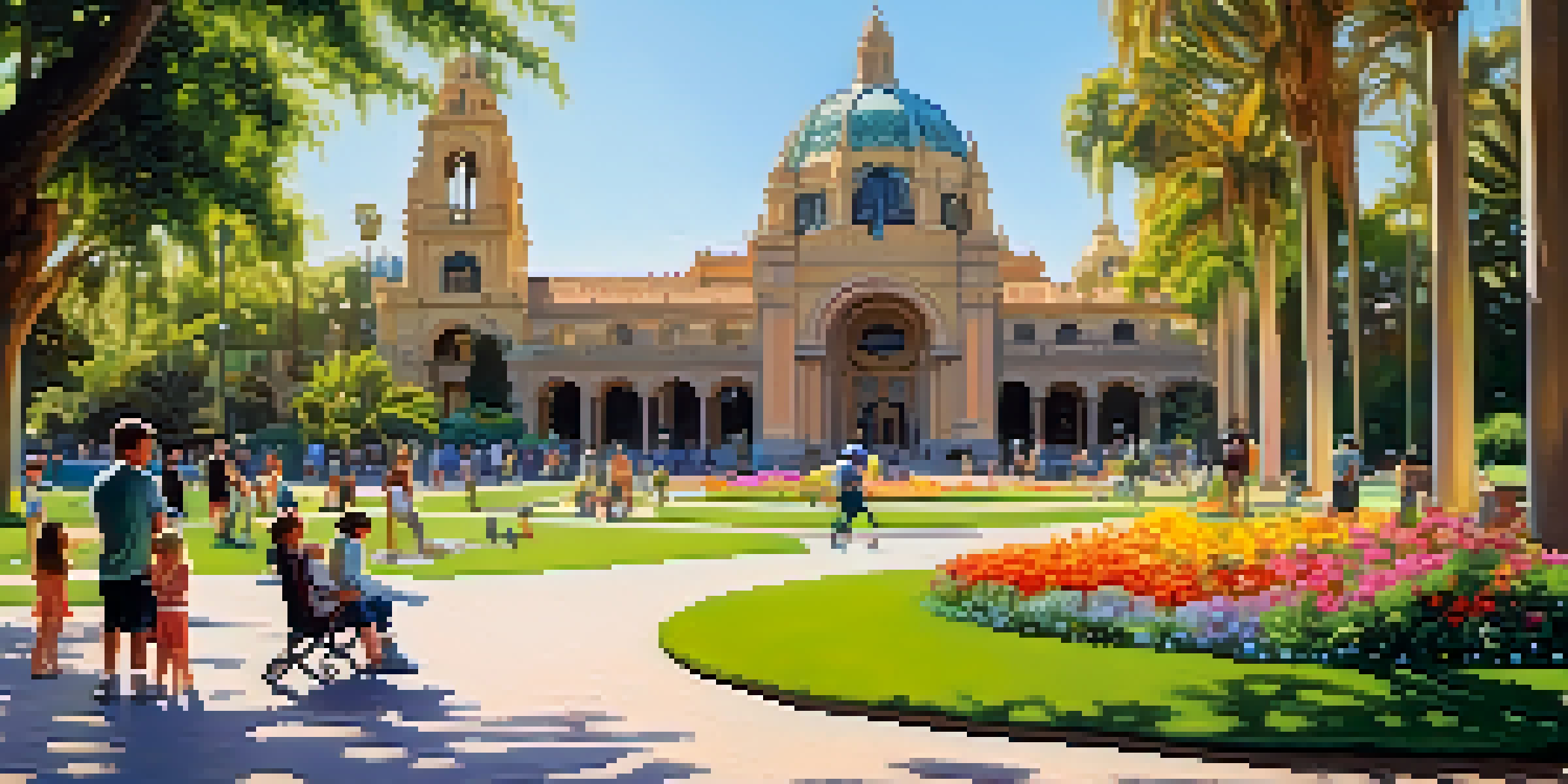 A family-friendly atmosphere at Balboa Park with children playing in gardens and adults relaxing near the Botanical Building.