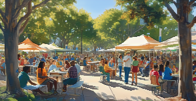 A diverse group of residents gathered in a San Diego park discussing historic preservation, with colorful banners and children playing in the background.