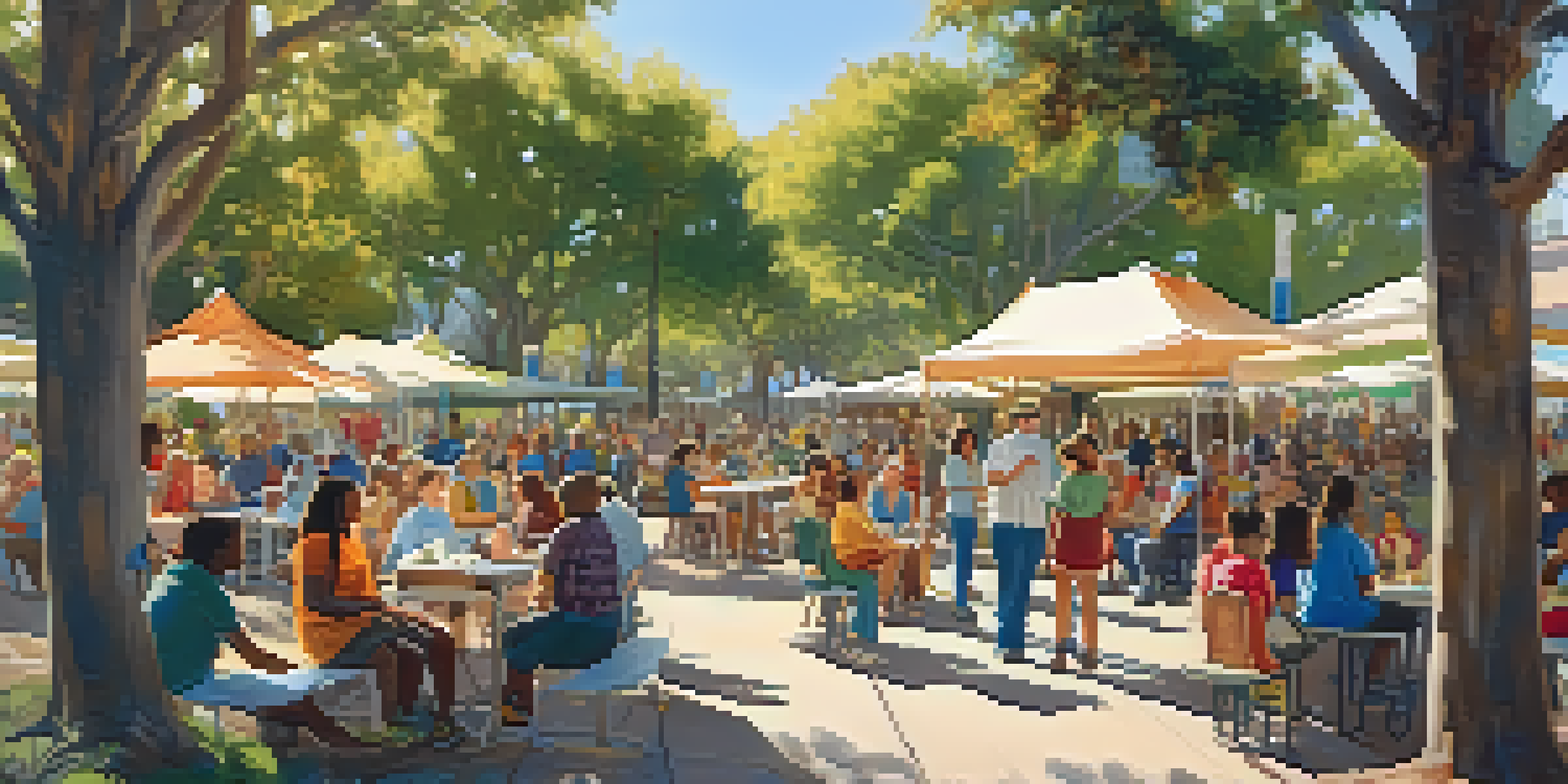 A diverse group of residents gathered in a San Diego park discussing historic preservation, with colorful banners and children playing in the background.