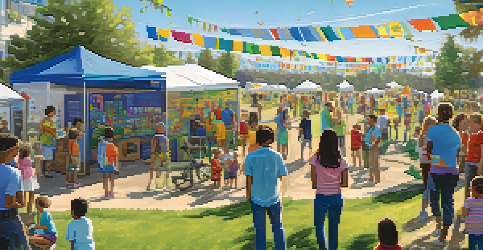 A lively community event in San Diego with families learning about battery storage, colorful banners promoting renewable energy, and children playing in the foreground.