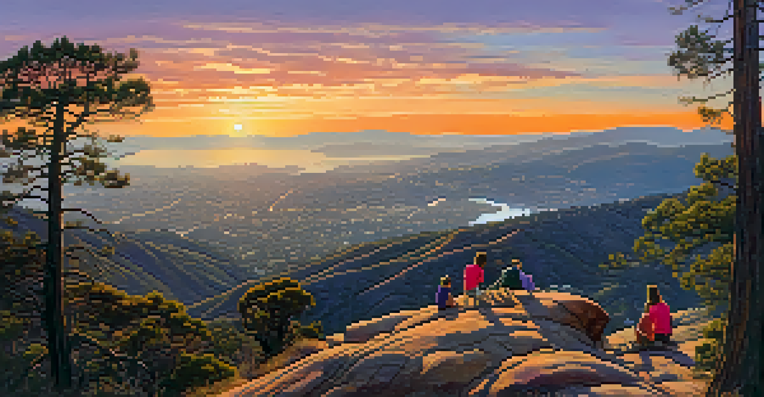 A family at the summit of Cowles Mountain during sunset, with a scenic view of the hills and sky.