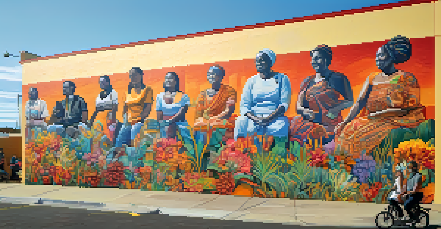 A colorful mural on a community building in San Diego, showcasing themes of unity and empowerment with people admiring it.