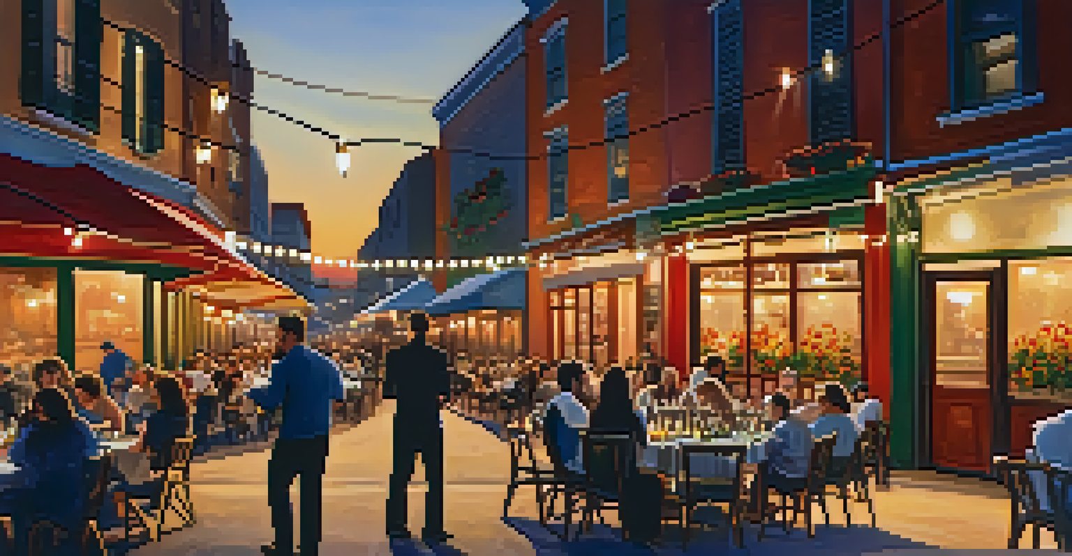 An outdoor dining scene in Little Italy during sunset, featuring tables with Italian food and string lights in a festive atmosphere.