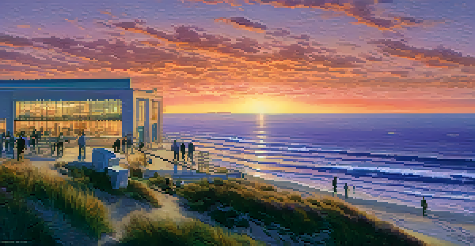 The Scripps Institution of Oceanography campus at sunset, with researchers and beautiful ocean reflections.