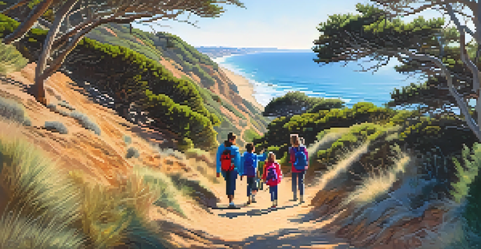 A family of four hiking on a sunny trail with ocean views, parents pointing out plants to their children.