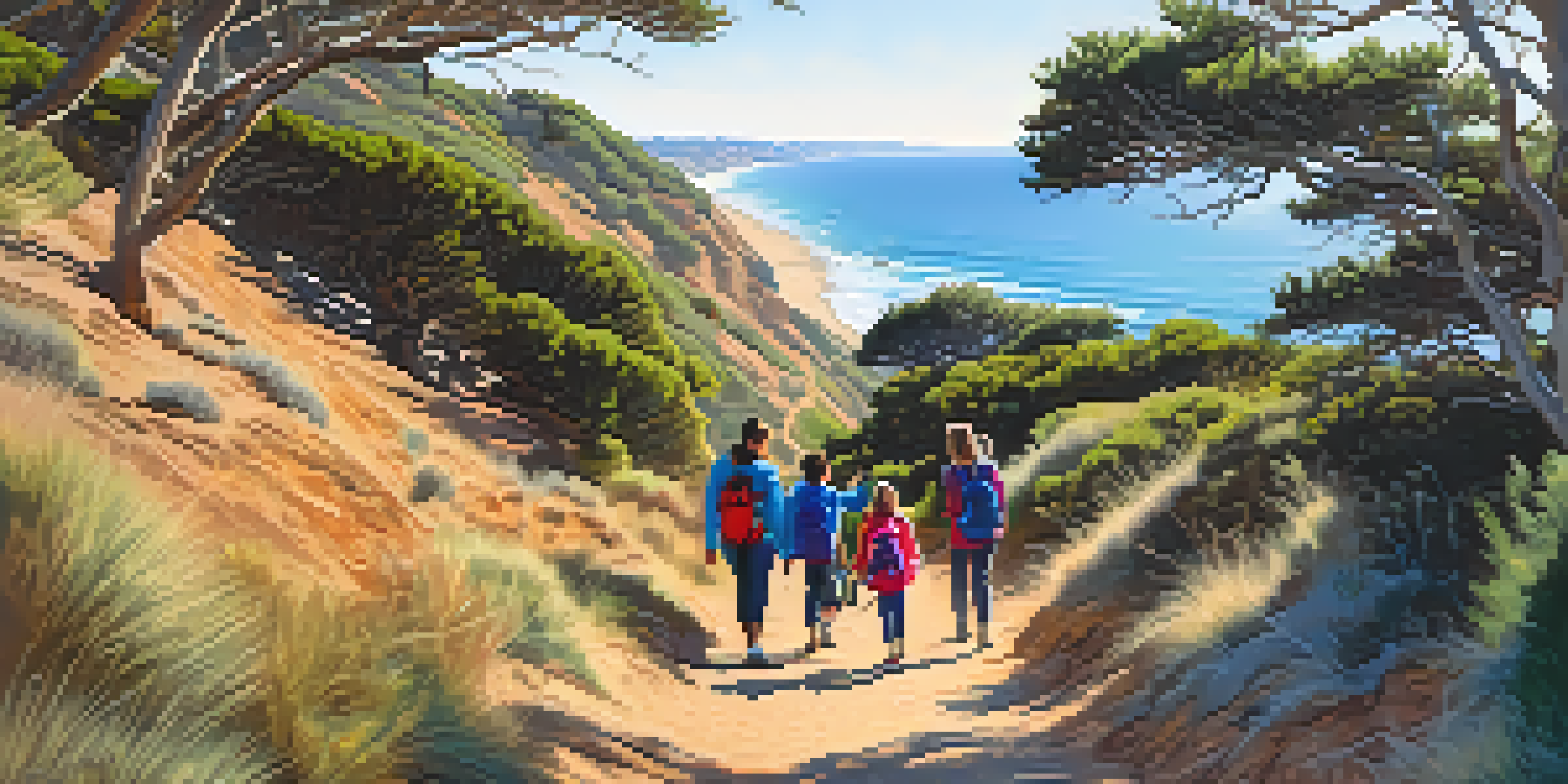 A family of four hiking on a sunny trail with ocean views, parents pointing out plants to their children.