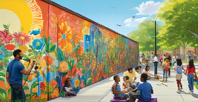 A diverse group of people painting a colorful mural in a sunny park, engaging and sharing stories.