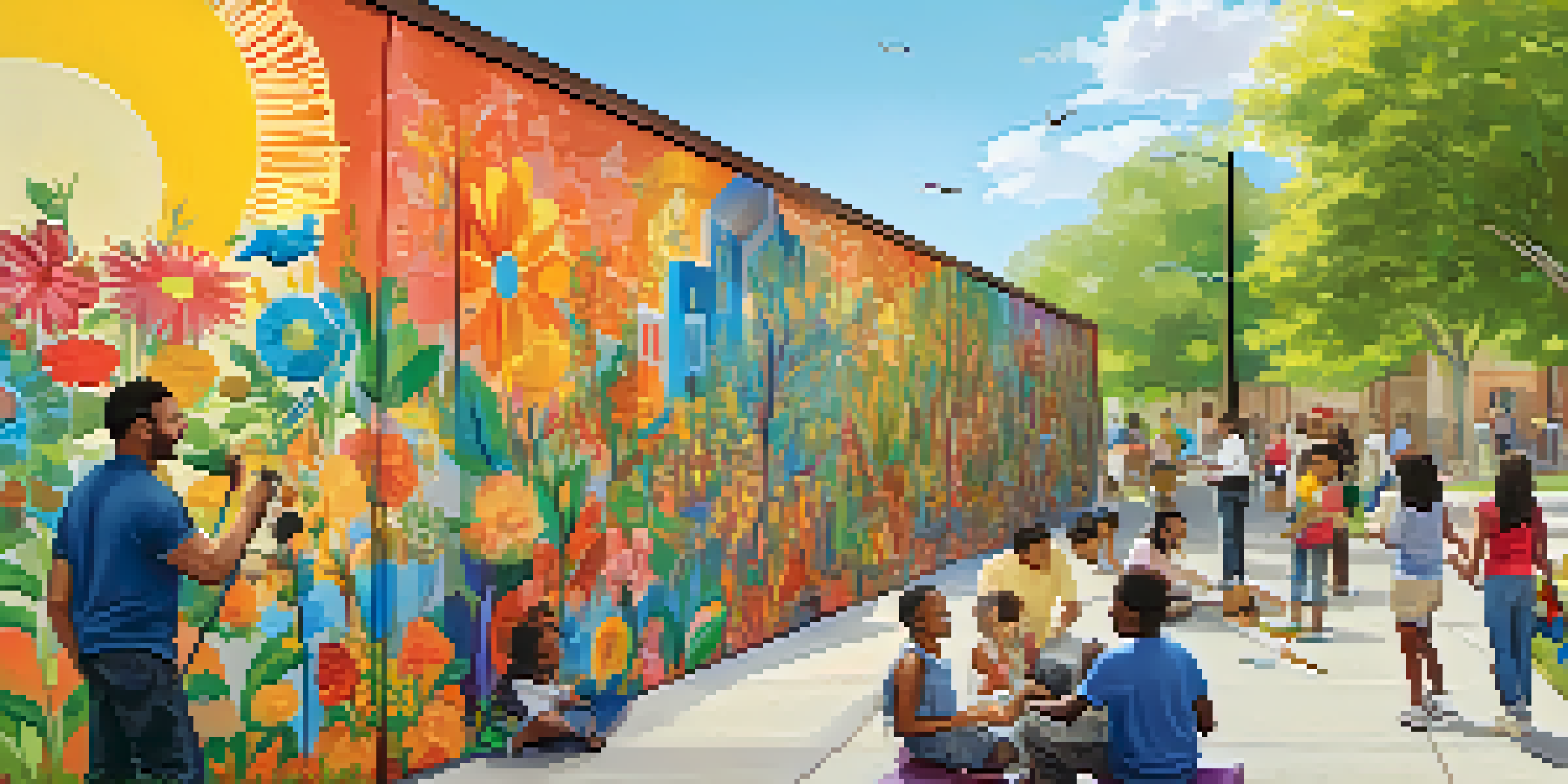 A diverse group of people painting a colorful mural in a sunny park, engaging and sharing stories.