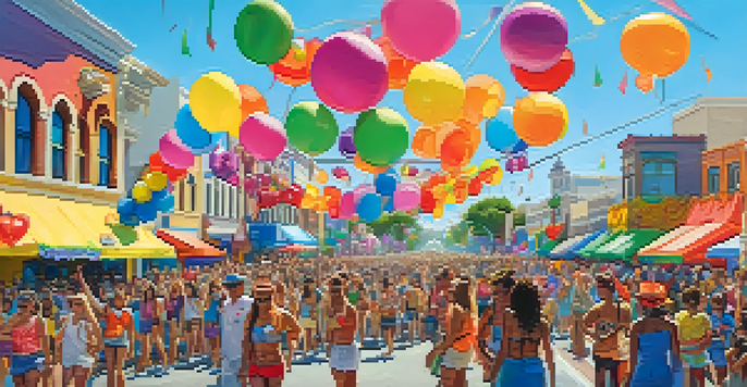A lively street scene during the San Diego Pride Festival with colorful floats, dancers in costumes, and a joyful crowd celebrating.