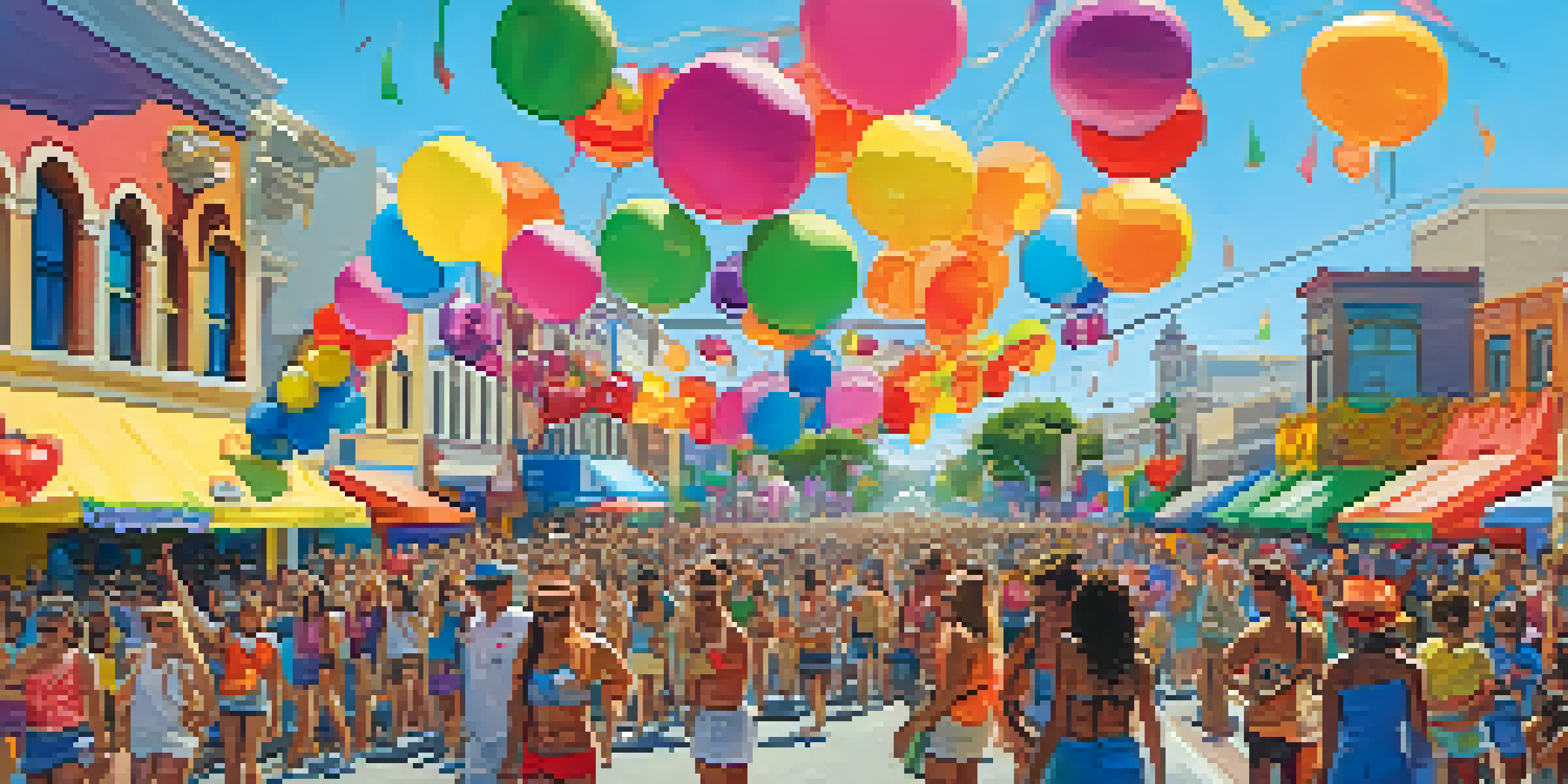 A lively street scene during the San Diego Pride Festival with colorful floats, dancers in costumes, and a joyful crowd celebrating.