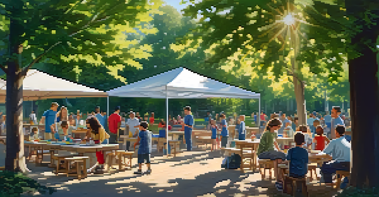 Families participating in an outdoor workshop in a park, engaging in crafting and learning activities together.