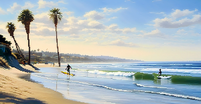 A beginner surfer practicing paddling on a foam surfboard at La Jolla Shores beach, with gentle waves and a clear blue sky.