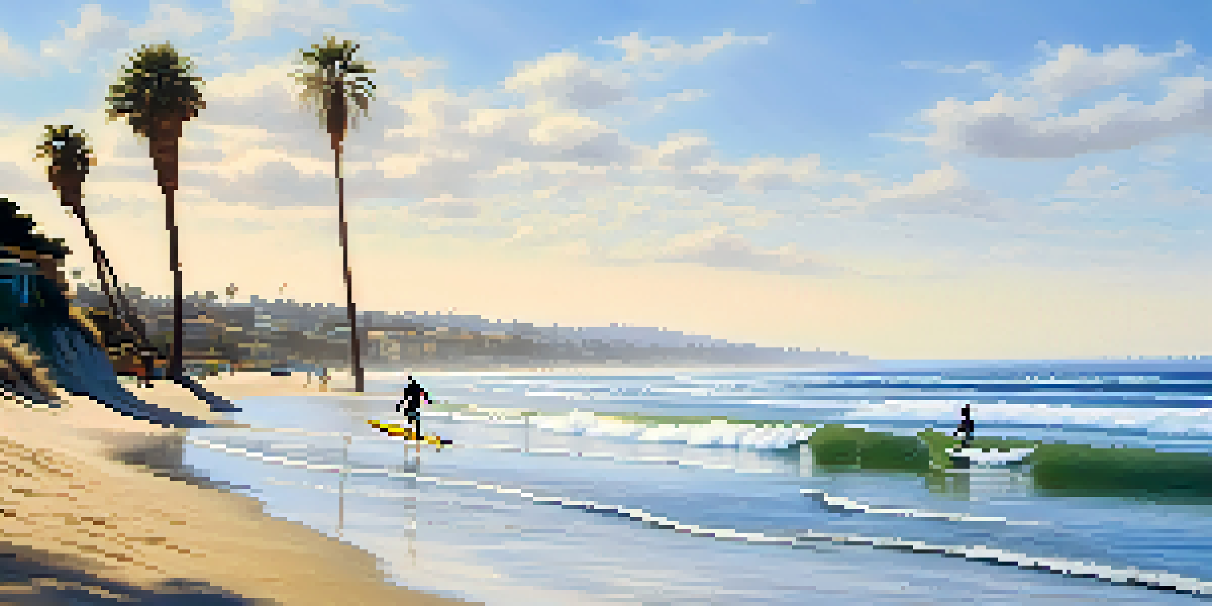 A beginner surfer practicing paddling on a foam surfboard at La Jolla Shores beach, with gentle waves and a clear blue sky.