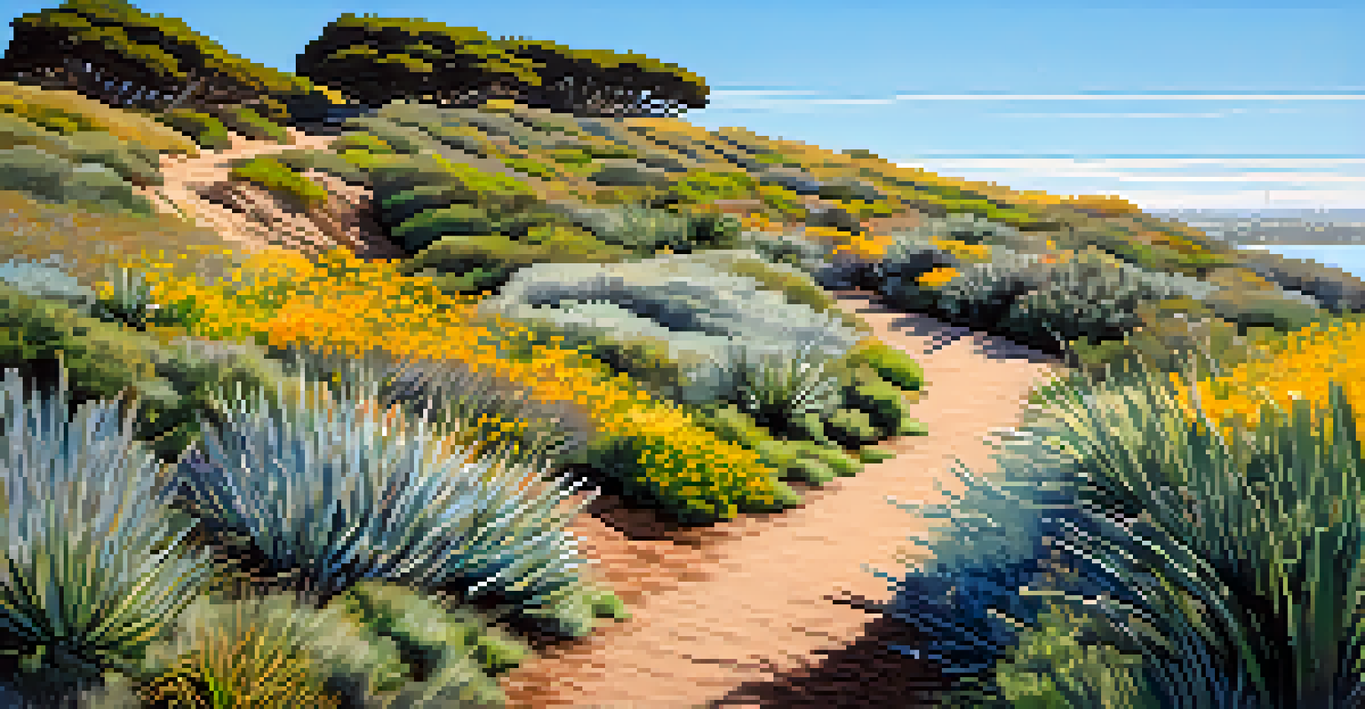 A scenic nature trail surrounded by plants, leading to a viewpoint of San Diego Bay.