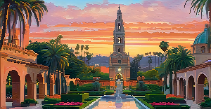 A picturesque sunset view of Balboa Park featuring the California Tower, surrounded by gardens and visitors enjoying the scenery.